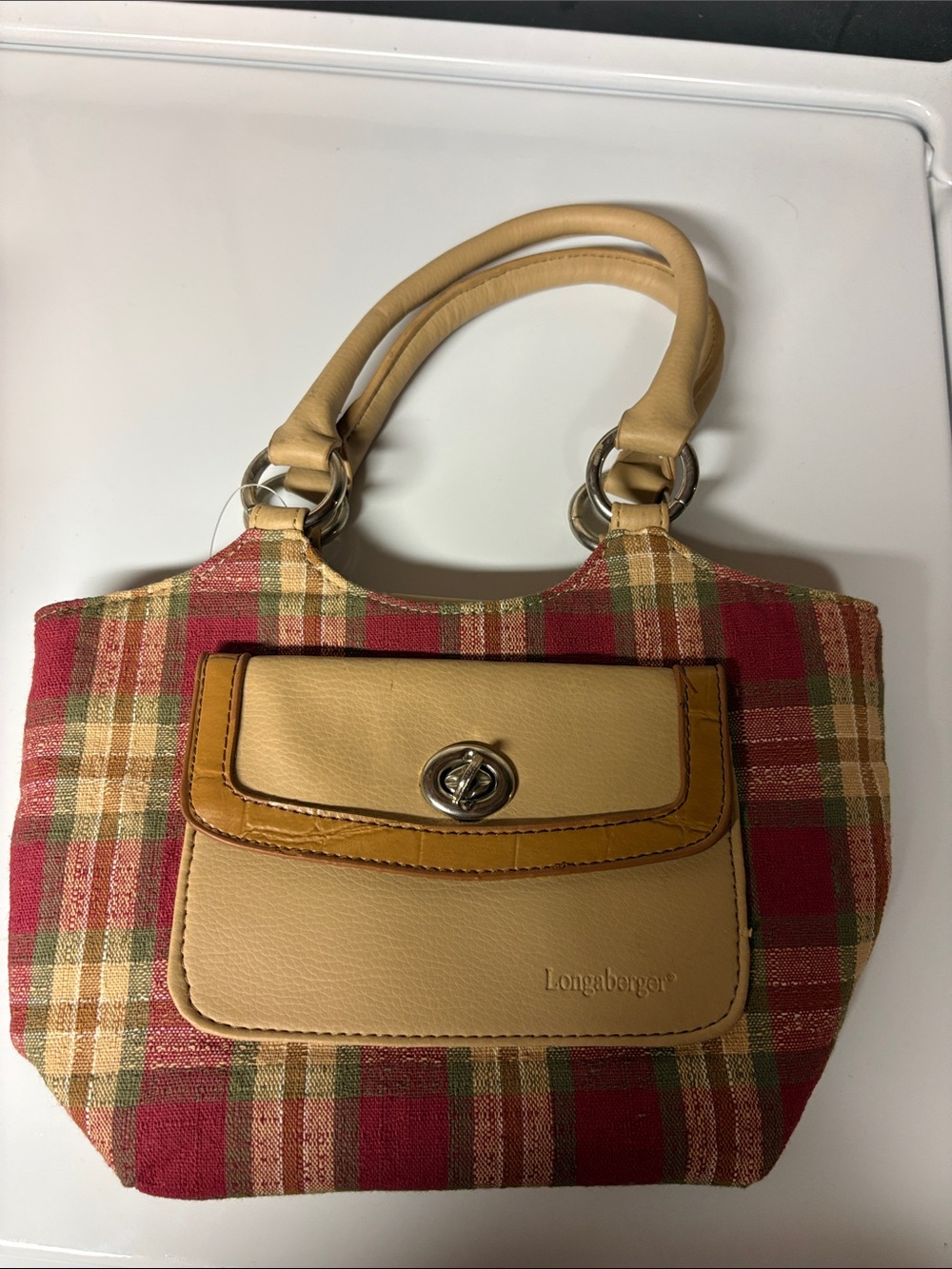 Longaberger Tan Leather & Red Plaid Tote with Front Turn-Lock Pocket